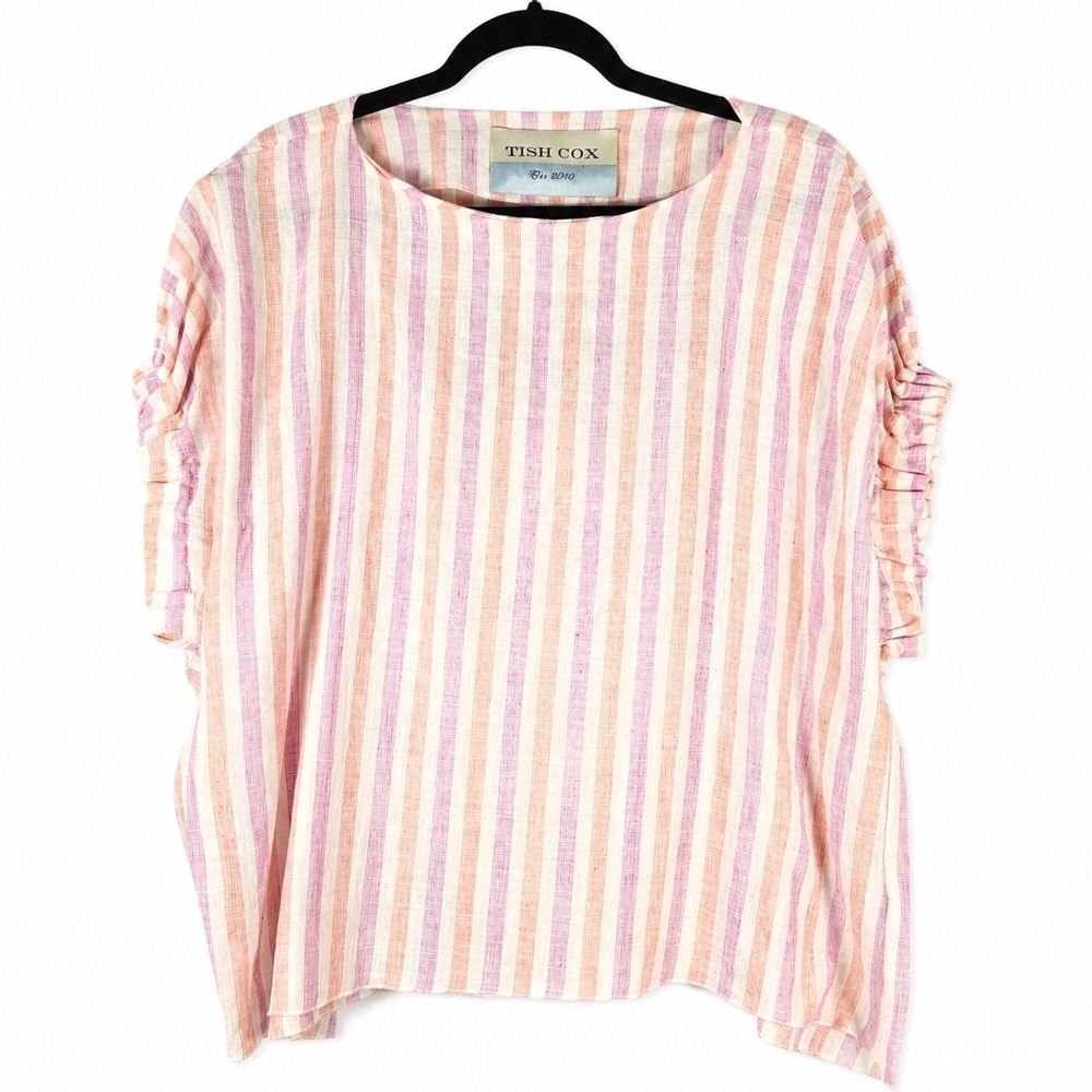 Tish Cox Top OS Multicolor Striped Linen Coastal Boxy Relaxed Fit Vacation Boho